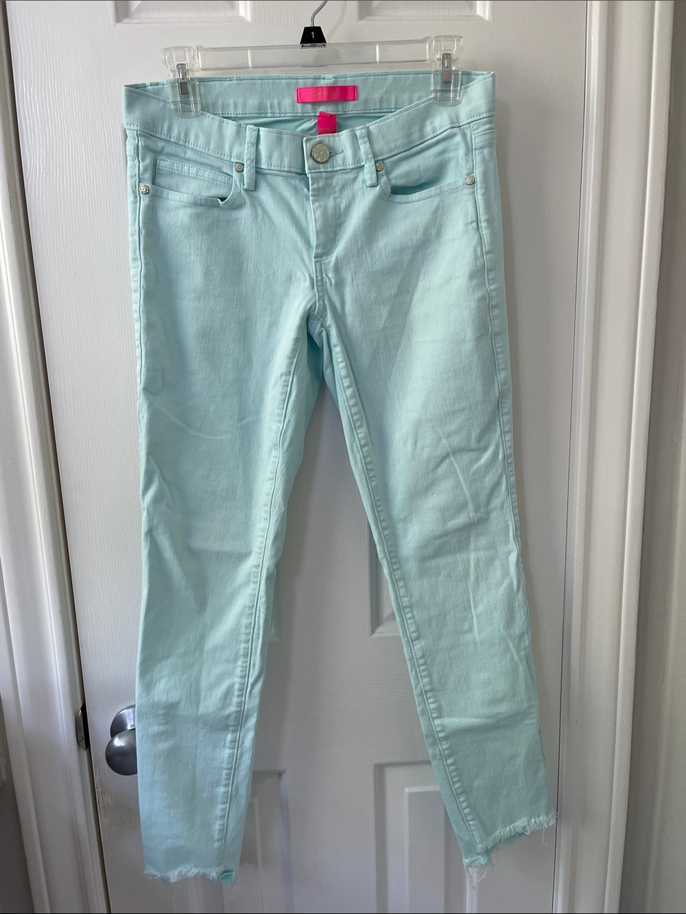 Lilly Pulitzer Mint Skinny Jeans with frayed bottom